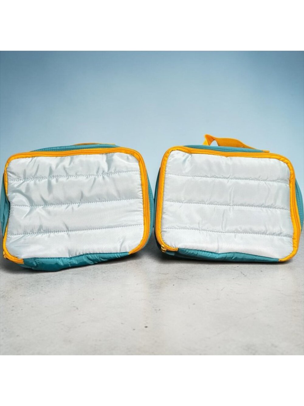 Set of 2 Insulated Lunch Bag Set With Zippered Compartments Blue Exterior Yellow